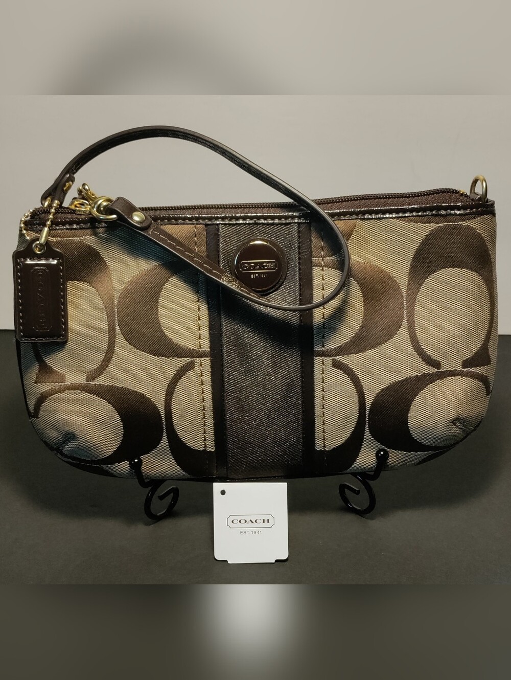 NWT Coach Signature Stripe Large Wristlet Khaki Mahogany